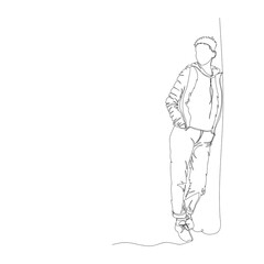 a man stands against a wall. linear vector illustration. one line. continuous line