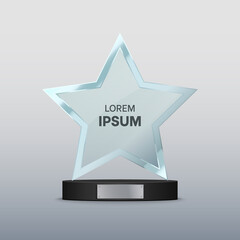 Glass trophy award. Transparent star shape on the pedestal. Vector illustration