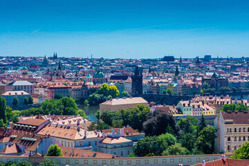 Fototapeta na wymiar PRAGUE, CZECH REPUBLIC, 31 JULY 2020: Aerial cityscape of the capital city