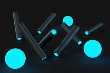 Abstract and futuristic concept art of blue light tubes on black background - 3D rendered illustration
