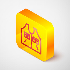 Isometric line Hunting jacket icon isolated on grey background. Hunting vest. Yellow square button. Vector