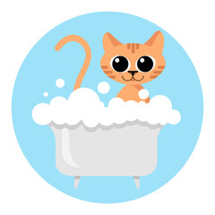Cat in the bathtub with bubbles concept. Flat design. Illustration