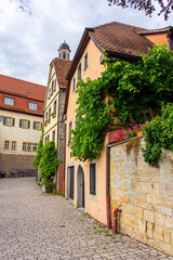Fototapeta na wymiar Beautiful half-timbered houses in the historic center of Rothenburg ob der Tauber, Germany