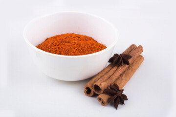 spices in ceramic bowls and white background stock photo