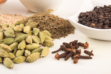 Spices: cinnamon and anise stars Cloves and cardamom Stock photo