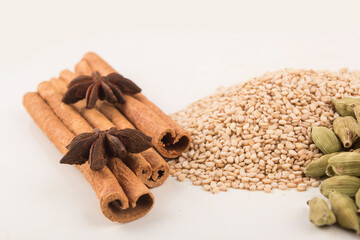 Spices: cinnamon and anise stars Cloves and cardamom Stock photo