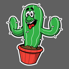 Funny Cactus cartoon characters standing on flower pot ; best for mascot or logo for Flowers Plantation Business