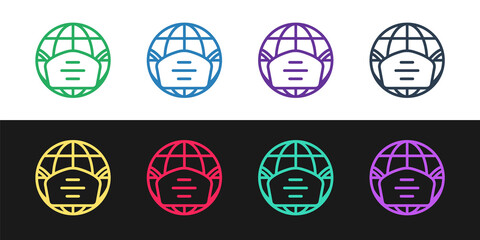 Set line Earth globe with medical mask icon isolated on black and white background. Vector.