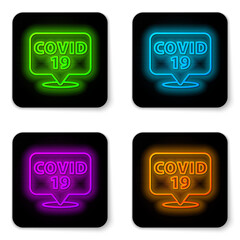 Glowing neon line Corona virus 2019-nCoV on location icon isolated on white background. Bacteria and germs, cell cancer, microbe, fungi. Black square button. Vector.