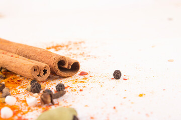 Spices: Turmeric, Chilly powder, Cardamom and cinnamon  on ground with white background stock photo