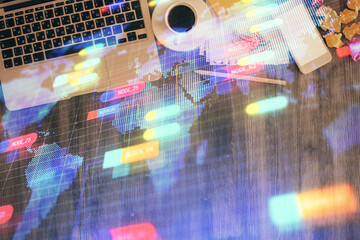 Multi exposure of data theme drawing hologram over topview work desk background with computer....