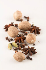 Spices: cinnamon and anise stars, Cloves, Nutmegs and cardamom Stock photo