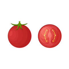 bright red tomato and cut half tomato. Vector illustration on white background.