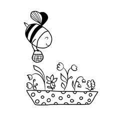 A bee with a basket. Cute cartoon bee. Vector illustration.