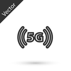 Grey line 5G new wireless internet wifi connection icon isolated on white background. Global network high speed connection data rate technology. Vector