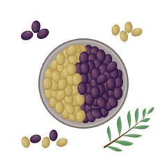 Green and black olives spread out on a round plate and an olive twig with leaves. The vector illustration is isolated on white background.