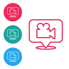 Red line Camera and location pin icon isolated on white background. Set icons in circle buttons. Vector