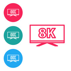 Red line Screen tv with 8k Ultra HD video technology icon isolated on white background. Set icons in circle buttons. Vector