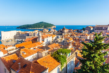Beautiful aerial landscape of Dubrovnik old town at sunset, Croatia