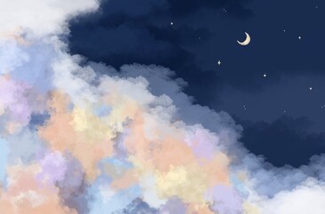 The magic of colorful clouds In the night sky composed of moon and stars.Digital art painting.