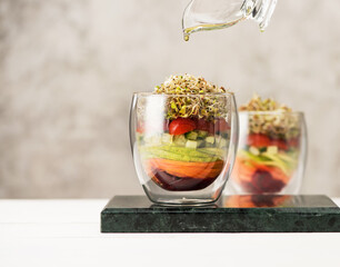Healthy Vegetarian Rainbow salad in a glass jar