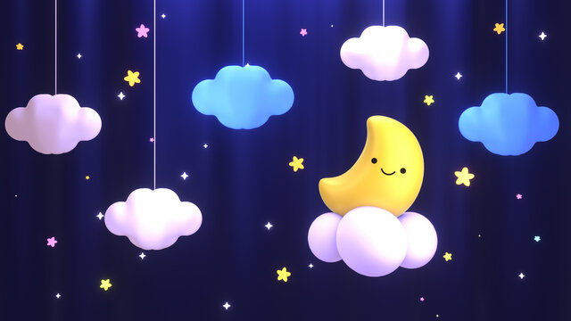 Cartoon smiling moon, stars and hanging clouds paper crafts against blue curtain. Good night and sleep tight lullaby theme. 3d rendering picture.