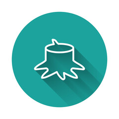White line Tree stump icon isolated with long shadow. Green circle button. Vector
