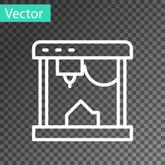 White line 3D printer icon isolated on transparent background. Vector