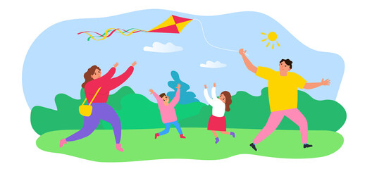Obraz na płótnie Canvas happy caucasian family launch a kite on nature in the park vector illustration