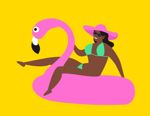 african american woman in bikini and hat sitting in inflatable flamingo on yellow background summer vacation vector illustration