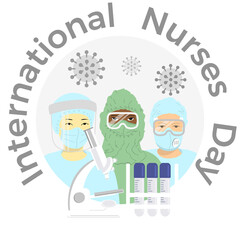 Nurses with microscope. International Nurses Day IND 2021. COVID-19 infections. International Council of Nurses (ICN). Vector illustration. Healthcare poster, banner or greeting card template.
