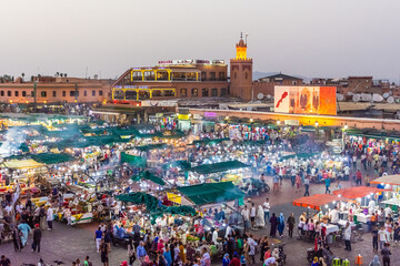 MARRAKECH, MOROCCO, SEPTEMBER 3 2018: Djemaa El Fna market square from above at dusk