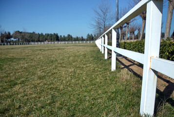 Obraz premium A white fence with green gardens . Horse racecourse field . Large farmland and ranch protection background . Green pastures of horse farms. Country summer landscape. White fence is a long way.