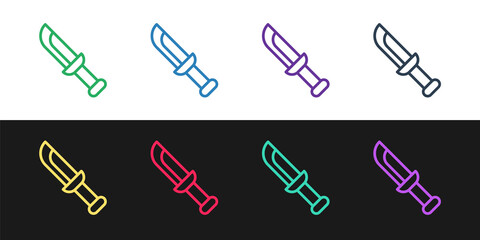 Set line Military knife icon isolated on black and white background. Vector