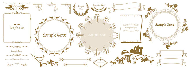 アンティーク_ヴィンテージ_フレーム_セット_飾り罫_エレガント_罫線_金_レトロ_羽_翼_葉 elegant antique vintage frames set vector illust