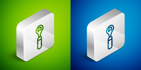 Isometric line Bottle opener icon isolated on green and blue background. Silver square button. Vector