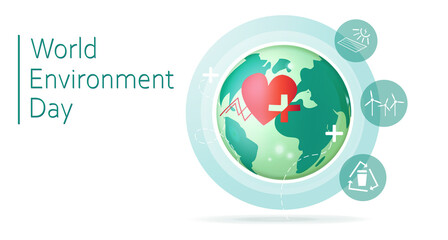 World Environment Day. Planet with icons. Enviroment protection. Vector stock illustration. White background.
Caring for environment using modern technologies. Health.