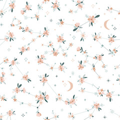 Ditsy Floral zodiac constellation vector seamless pattern. Moon blossom calico magical print design Celestial floral star sign graphic background 