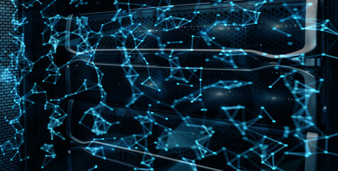Global Cyberspace Big Data Futuristic Design Grid on Server Room Blurred background.