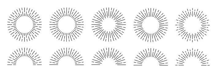 Sunburst set. Rays line shine icon collection. Sunshine, sunbeam and sunrise light vintage circles. Decoration design elements. Vector illustration.