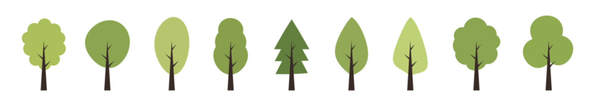 Tree green icon collection. Wood with leaf in flat style. Nature graphic element. Eco symbols isolated on white background. Vector illustration.