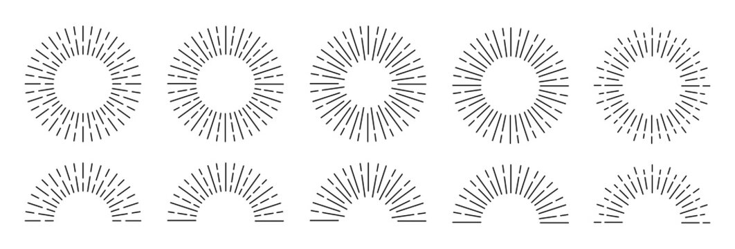 Sunburst set. Rays line shine icon collection. Sunshine, sunbeam and sunrise light vintage circles. Decoration design elements. Vector illustration.