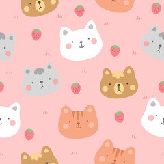 cats with cute kitty paw seamless pattern, doodle cat animals background, kitten vector illustration
