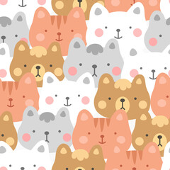 cats with cute kitty paw seamless pattern, doodle cat animals background, kitten vector illustration