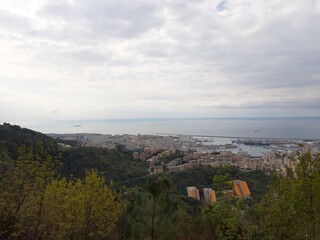 Fototapeta premium Discovering the mountains around Genoa. Panoramic view to the city. Grey sky in the background. First green leaves in spring.