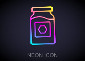 Glowing neon line Jar of honey icon isolated on black background. Food bank. Sweet natural food symbol. Vector