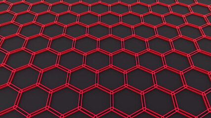 Background with 3D hexagons pattern, red honeycomb structure on black background, 3D technology interesting texture render illustration.
