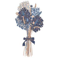 vector image of a bouquet of dried flowers in boho style in blue and beige tones