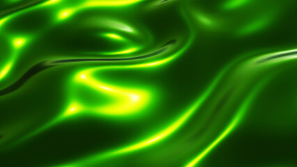 Green chrome metal texture with waves, liquid metallic silk wavy design, 3D render illustration.