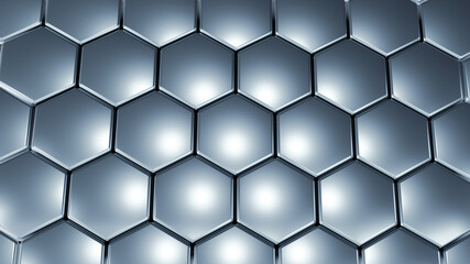 Hexagons silver geometric background, steel chrome honeycomb pattern metallic shapes , 3D render technology illustration.